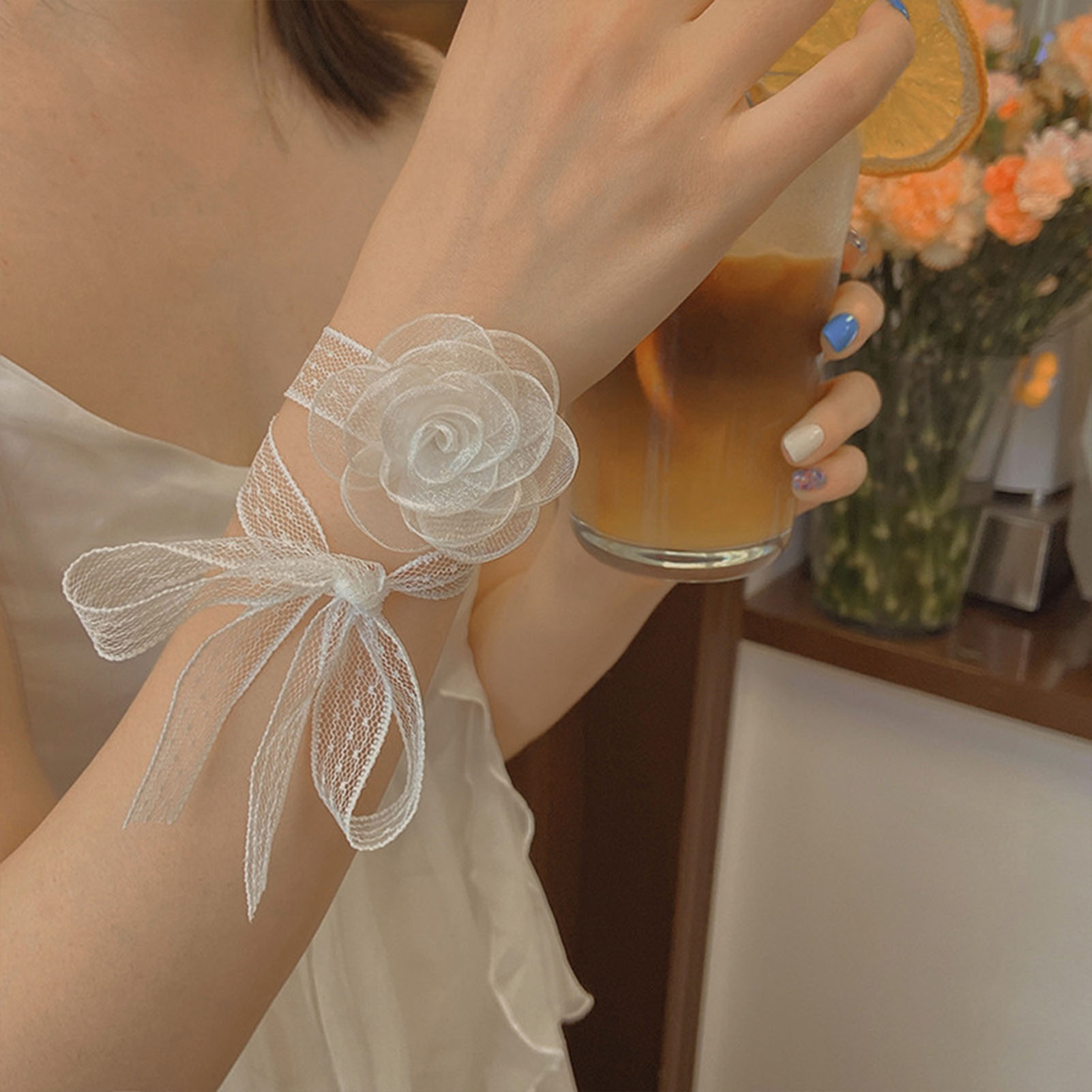 Lace Ribbon Trim - Spitzenband-Stirnband mit Rosen-Dekor, verstellbarer Spitzen-Haarkranz für