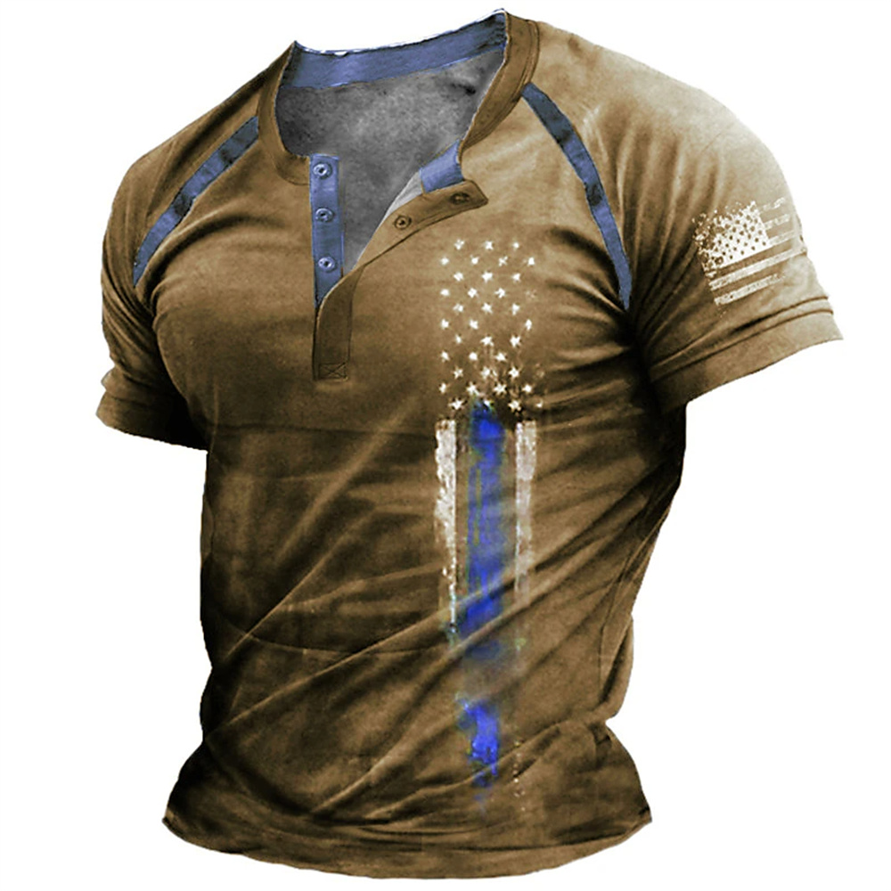 Embellish Knit - Lustiges 3D-amerikanische-Flaggen-Print Herren-Henley-Shirt, modisches Henley-Kragen-Kurzarmshirt, Sommer-Streetwear,