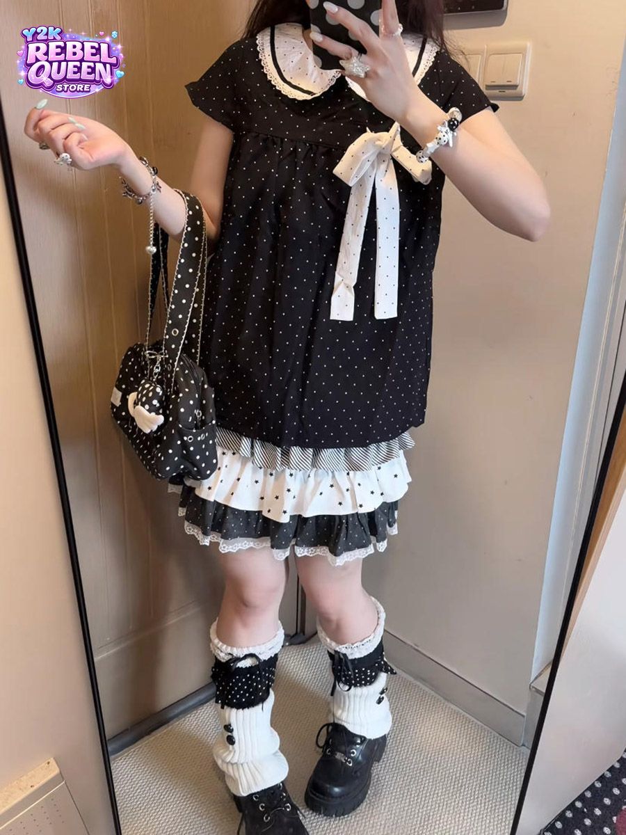 Lace Ribbon Trim - Y2K Kawaii Japanisches Polka-Dot 2-Teiliges Set